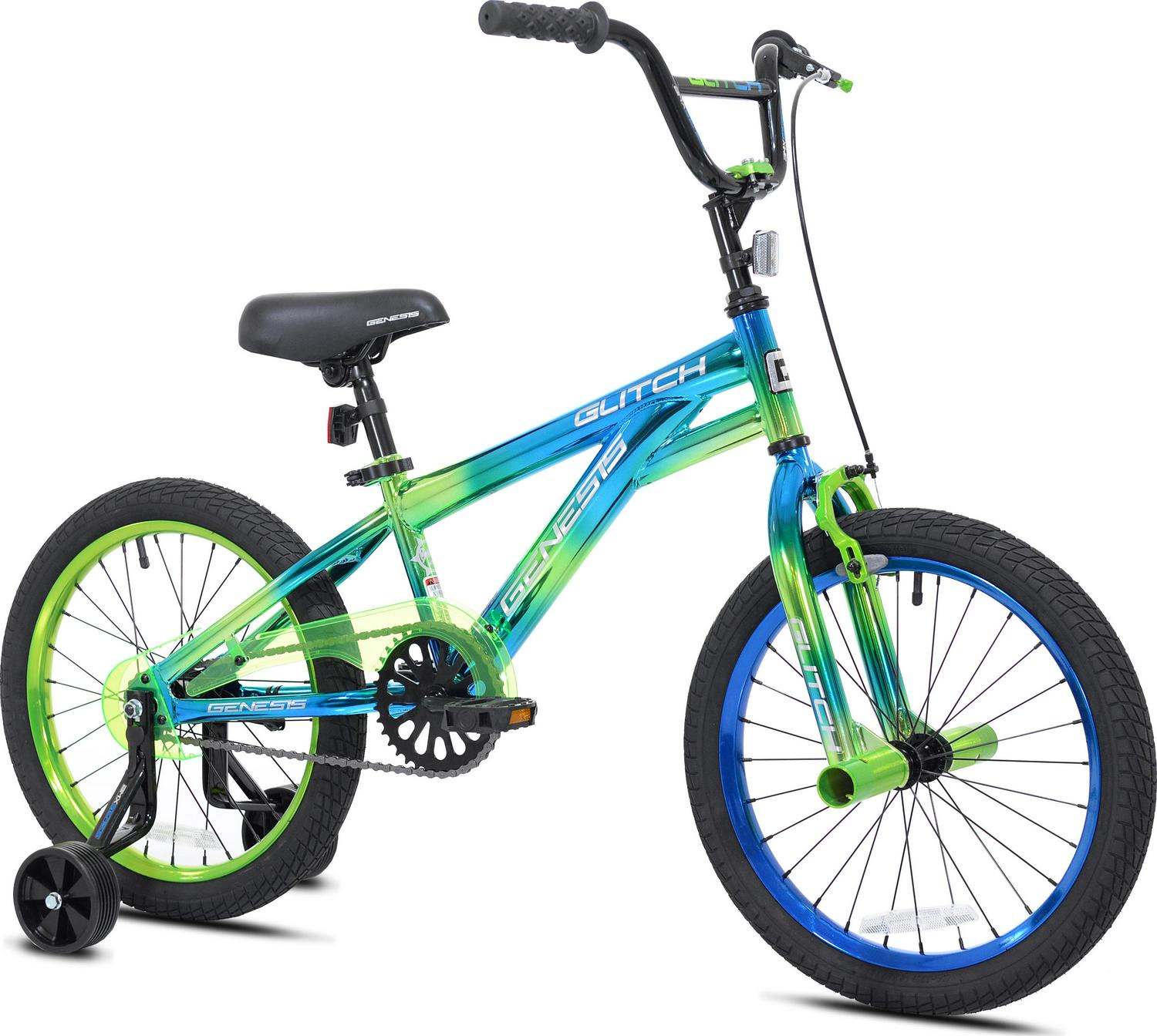 Genesis Glitch 18" Boys BMX Bike, Blue/Green, Steel Frame, Freestyle Handlebars, Training Wheels