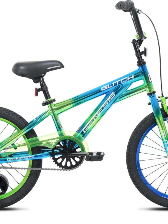 Genesis Glitch 18" Boys BMX Bike, Blue/Green, Steel Frame, Freestyle Handlebars, Training Wheels
