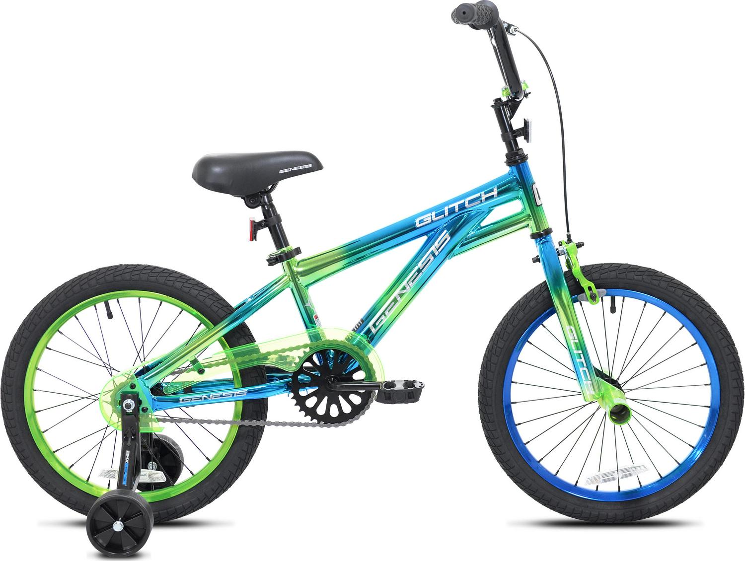 Genesis Glitch 18" Boys BMX Bike, Blue/Green, Steel Frame, Freestyle Handlebars, Training Wheels