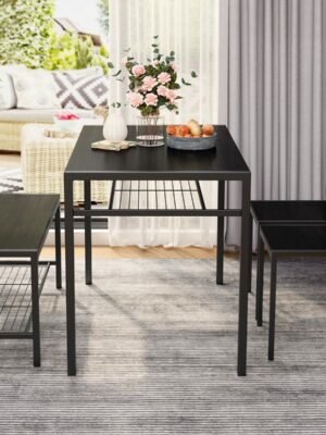 Gizoon 4-Piece Dining Set with Bench, Storage Racks, Space-Saving Design, Metal & Wood