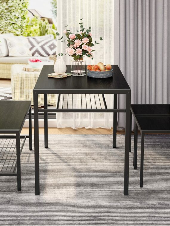 Gizoon 4-Piece Dining Set with Bench, Storage Racks, Space-Saving Design, Metal & Wood