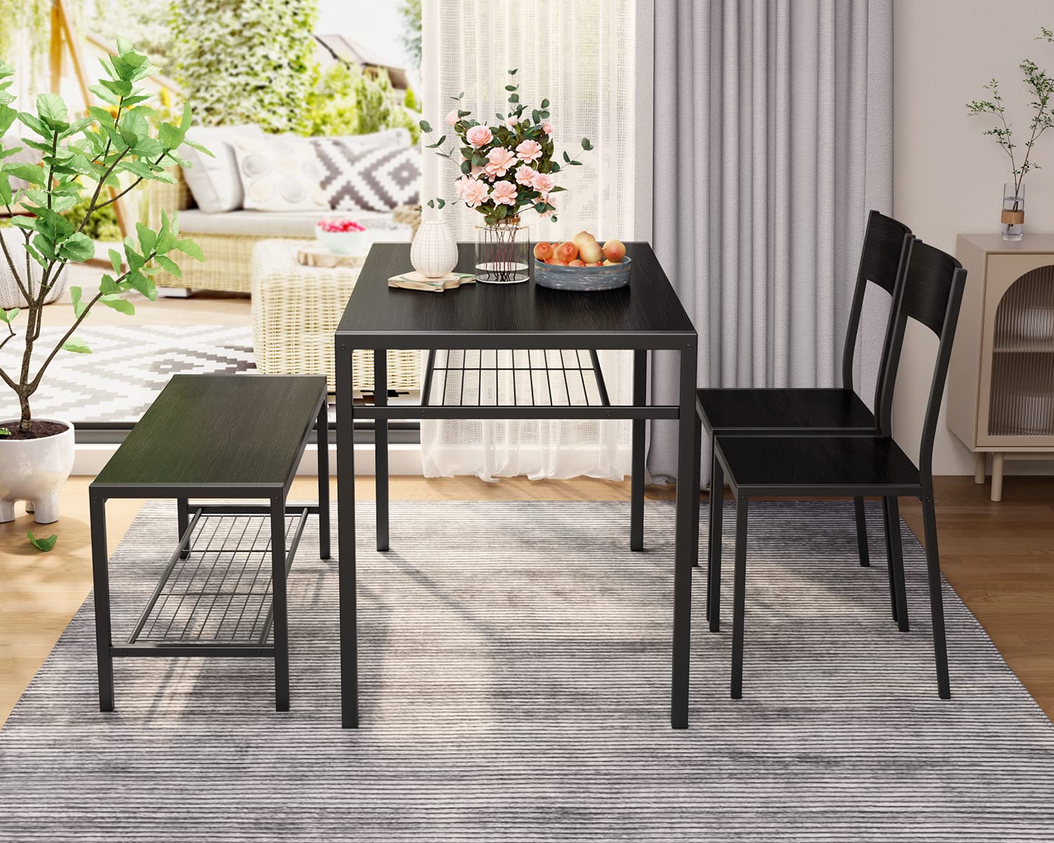 Gizoon 4-Piece Dining Set with Bench, Storage Racks, Space-Saving Design, Metal & Wood