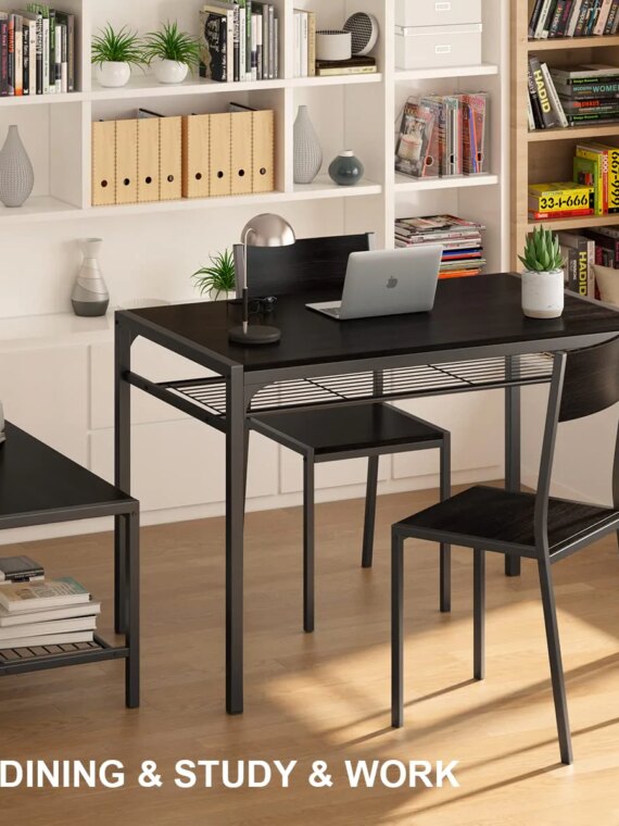 Gizoon 4-Piece Dining Set with Bench, Storage Racks, Space-Saving Design, Metal & Wood