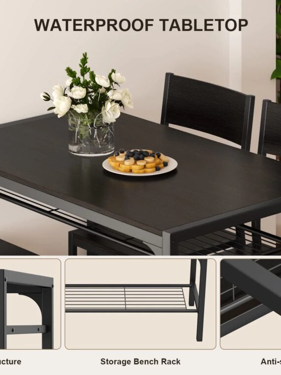 Gizoon 4-Piece Dining Set with Bench, Storage Racks, Space-Saving Design, Metal & Wood