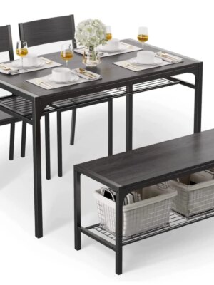 Gizoon 4-Piece Dining Set with Bench, Storage Racks, Space-Saving Design, Metal & Wood