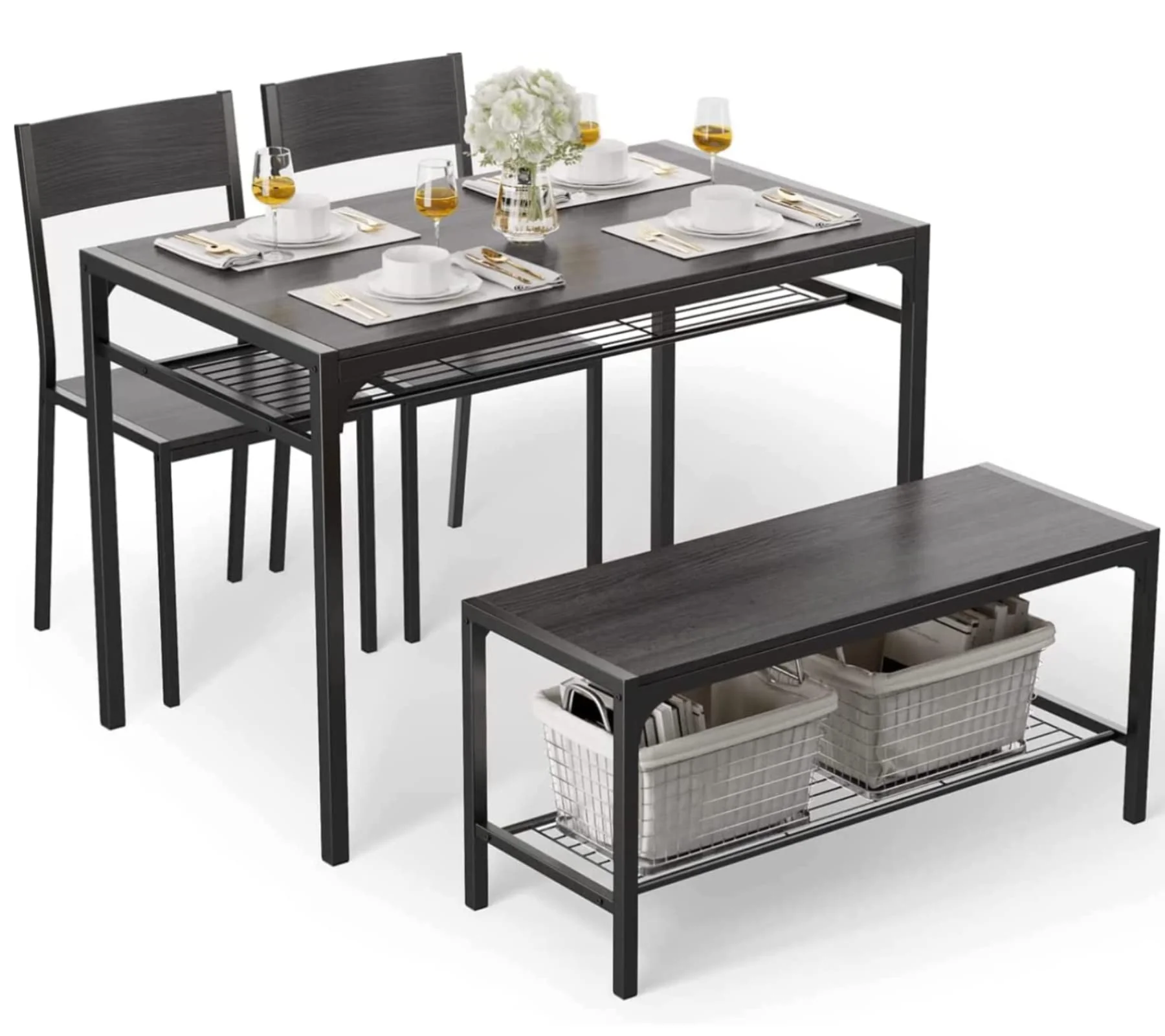 Gizoon 4-Piece Dining Set with Bench, Storage Racks, Space-Saving Design, Metal & Wood