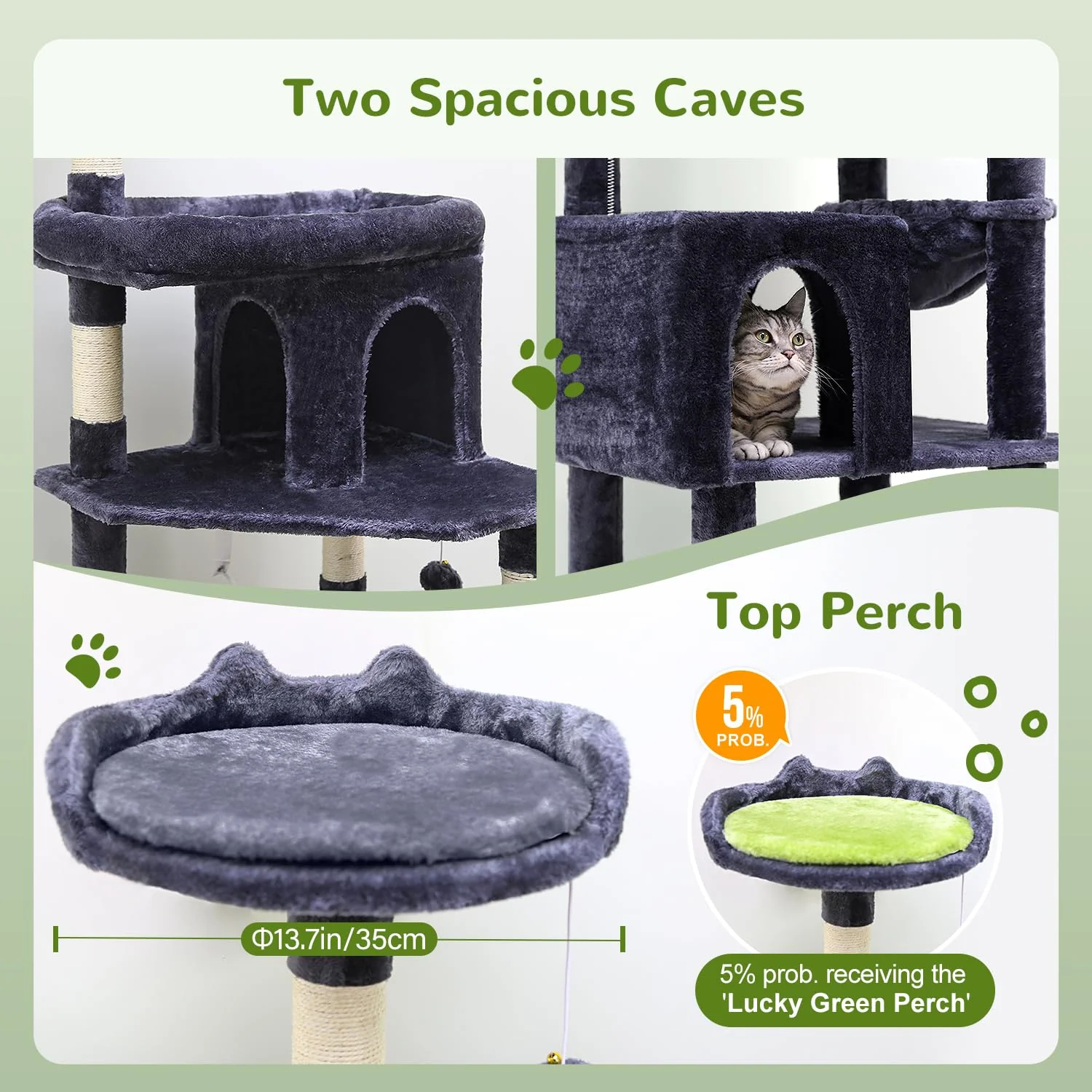 Globlazer 72" Maine Coon Cat Tree for Large Cats, Sturdy Design with 2 Caves & Bonus Bed