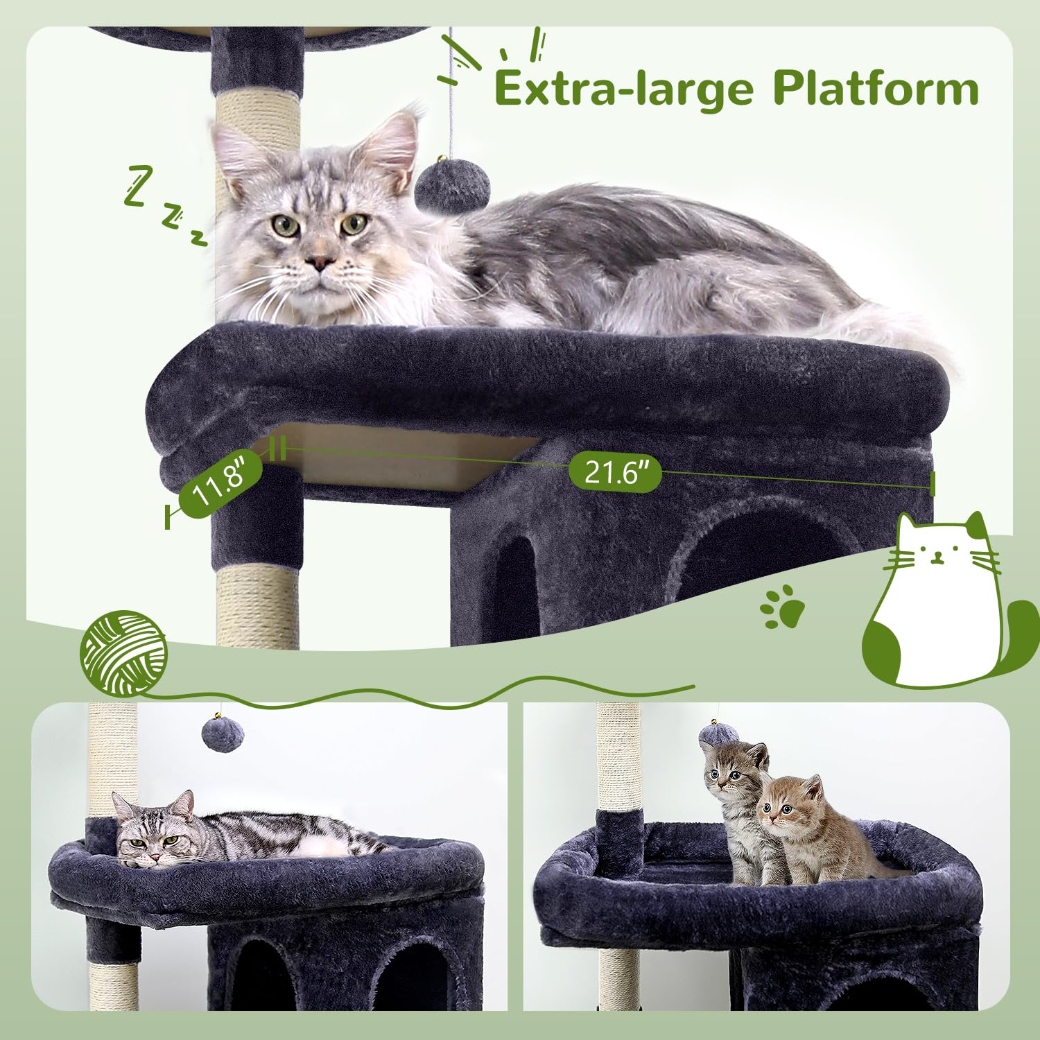 Globlazer 72" Maine Coon Cat Tree for Large Cats, Sturdy Design with 2 Caves & Bonus Bed