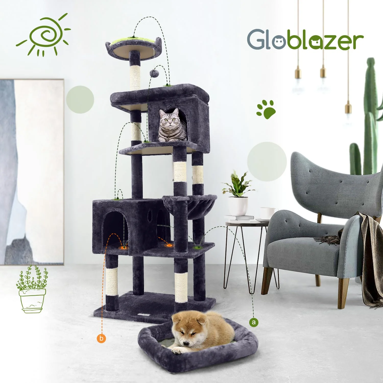 Globlazer Maine Coon Cat Tree 72in for Large Cats 20 lbs+ with Sturdy Triangular Design