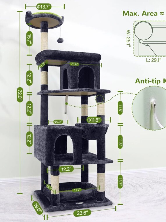 Globlazer Maine Coon Cat Tree 72in for Large Cats 20 lbs+ with Sturdy Triangular Design