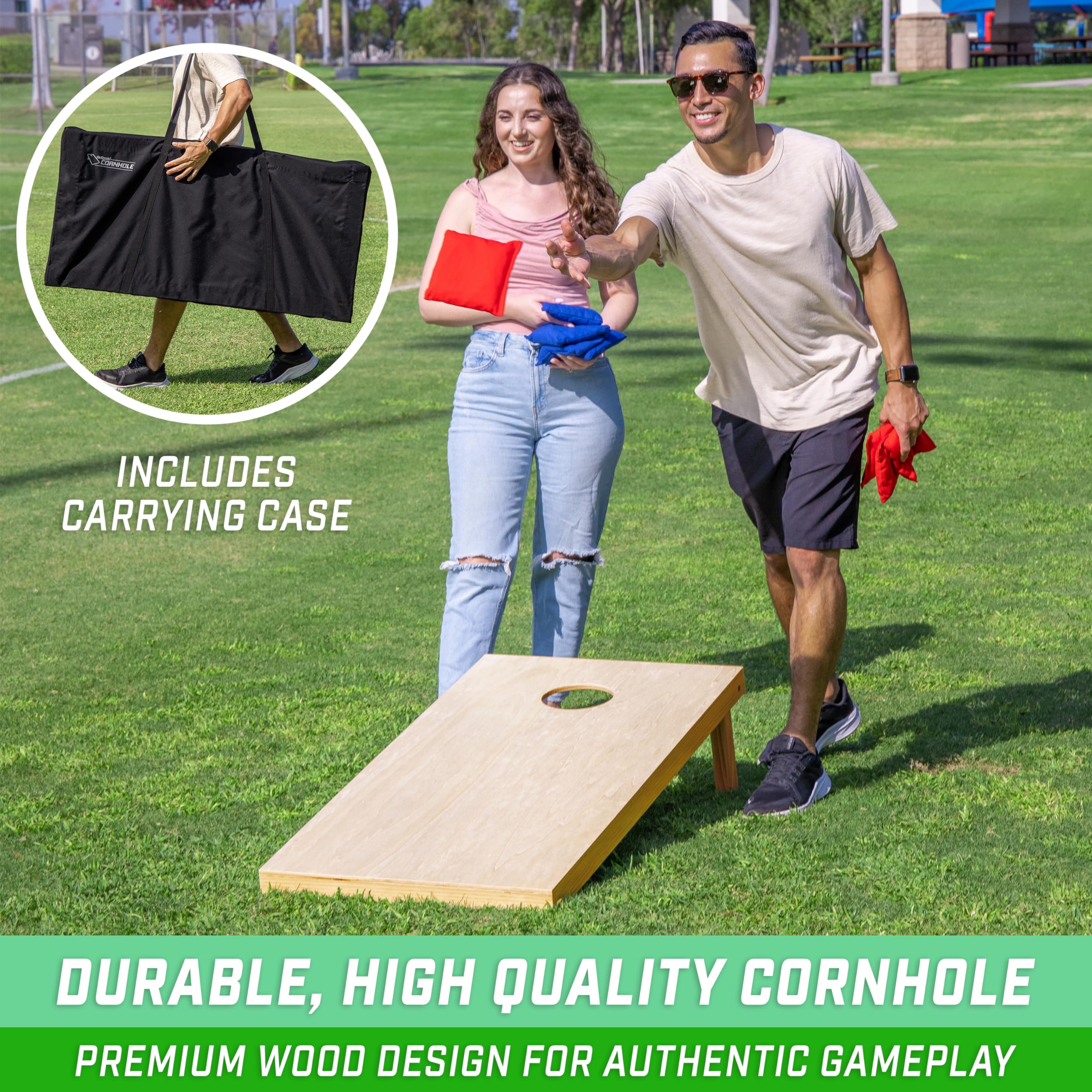 GoSports Premium Solid Wood Cornhole Set - Regulation 4x2 ft Boards with Bean Bags & Carrying Case