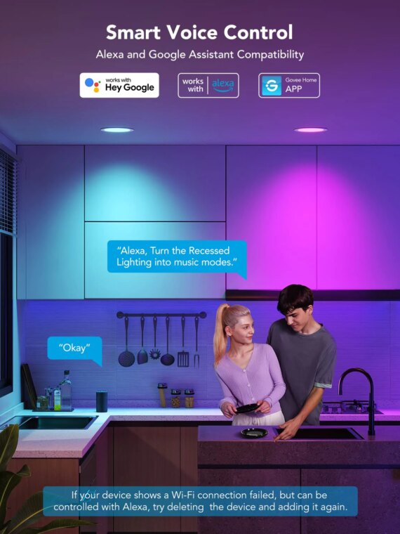 Govee Smart Recessed Lighting 6" 4-Pack, Wi-Fi & Bluetooth, 16M Colors, Alexa/Google Compatible