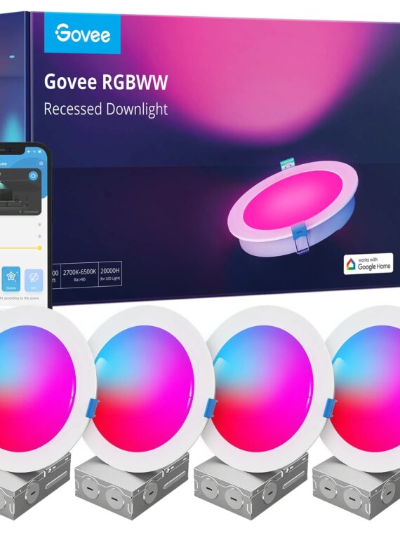 Govee Smart Recessed Lighting 6" 4-Pack, Wi-Fi & Bluetooth, 16M Colors, Alexa/Google Compatible