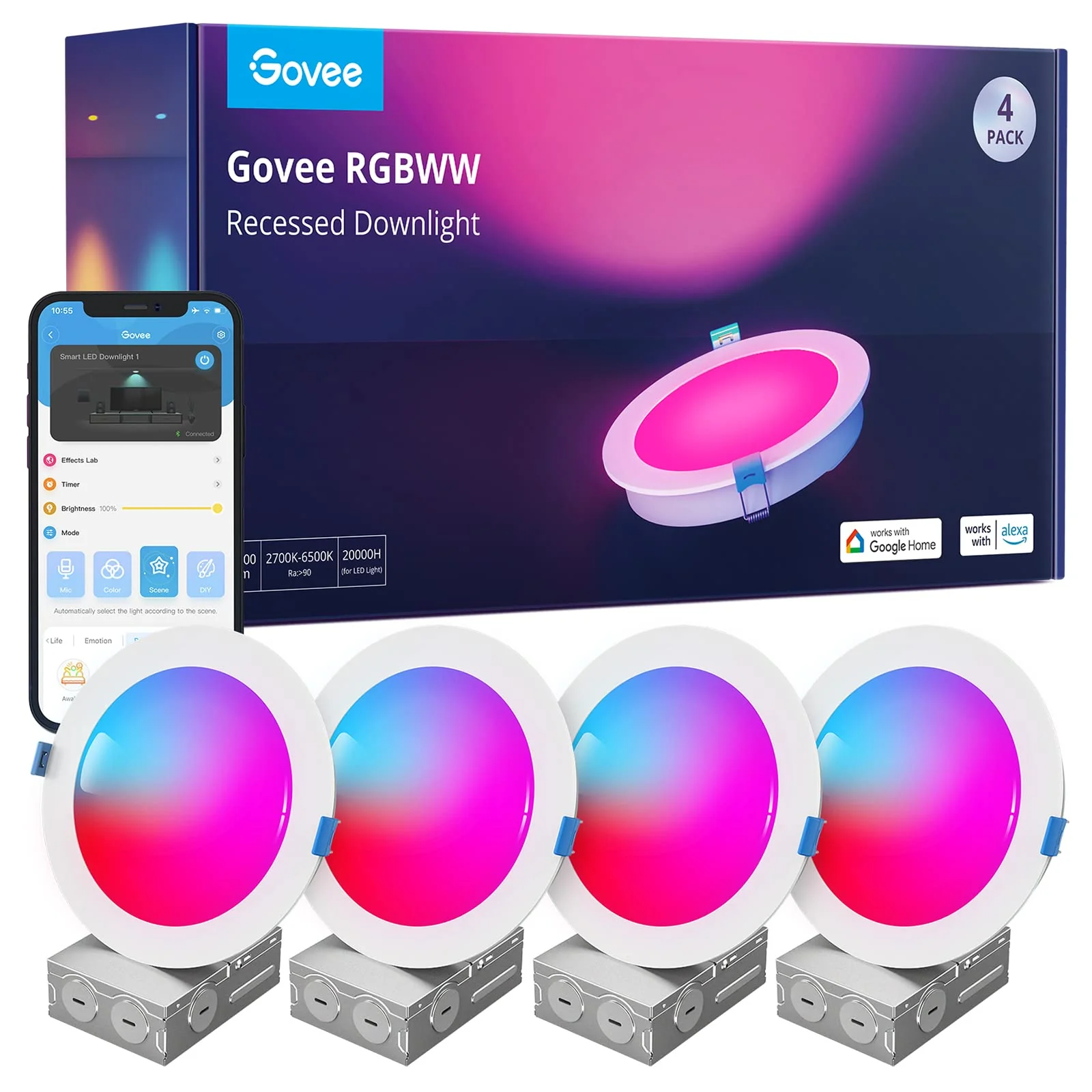 Govee Smart Recessed Lighting 6" 4-Pack, Wi-Fi & Bluetooth, 16M Colors, Alexa/Google Compatible
