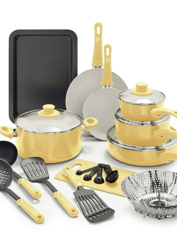 GreenLife 18-Piece Ceramic Non-Stick Cookware Set, Yellow - Toxin-Free, Dishwasher Safe