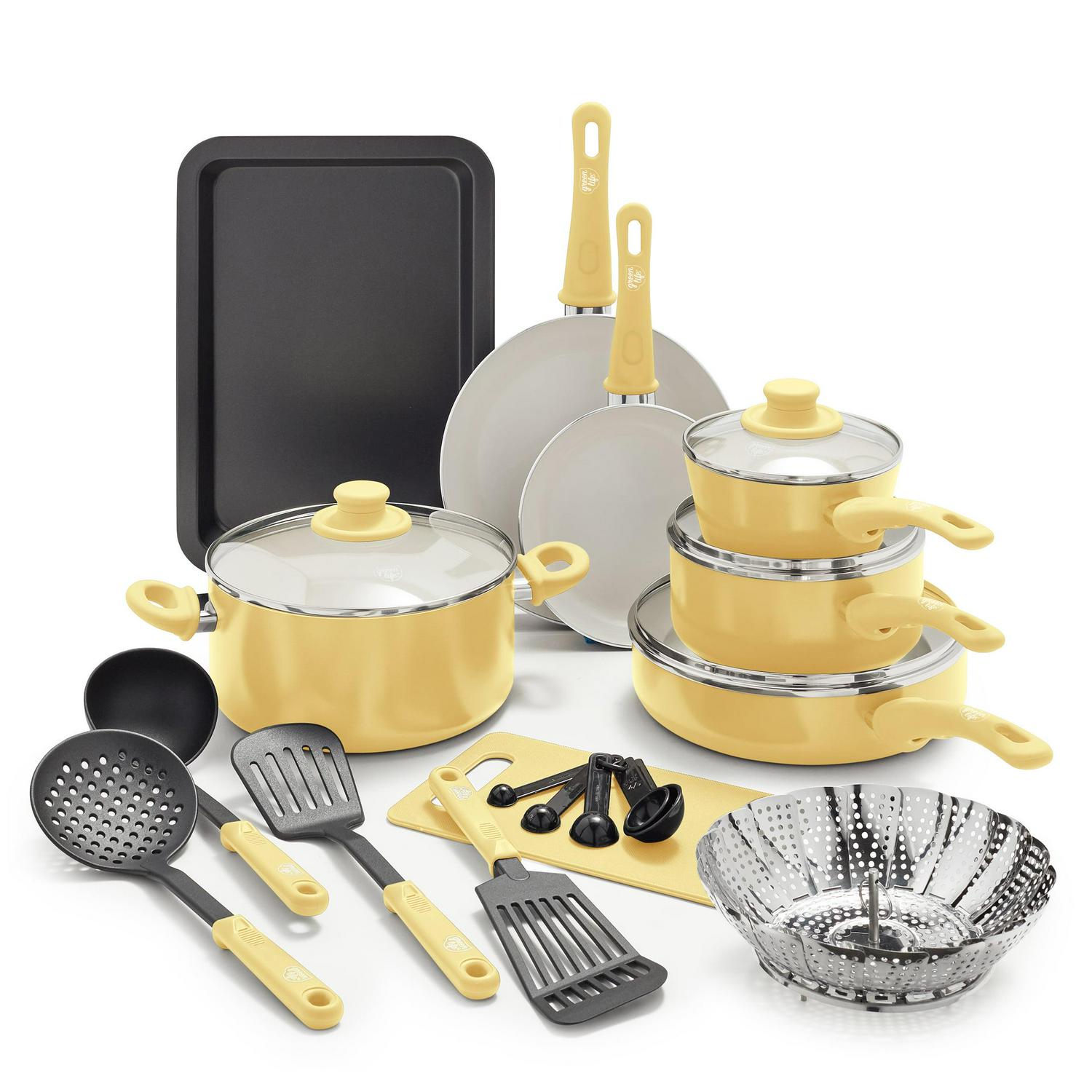 GreenLife 18-Piece Ceramic Non-Stick Cookware Set, Yellow - Toxin-Free, Dishwasher Safe