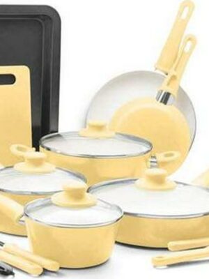 GreenLife 18-Piece Ceramic Non-Stick Cookware Set, Yellow - Toxin-Free, Dishwasher Safe