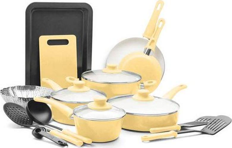 GreenLife 18-Piece Ceramic Non-Stick Cookware Set, Yellow - Toxin-Free, Dishwasher Safe