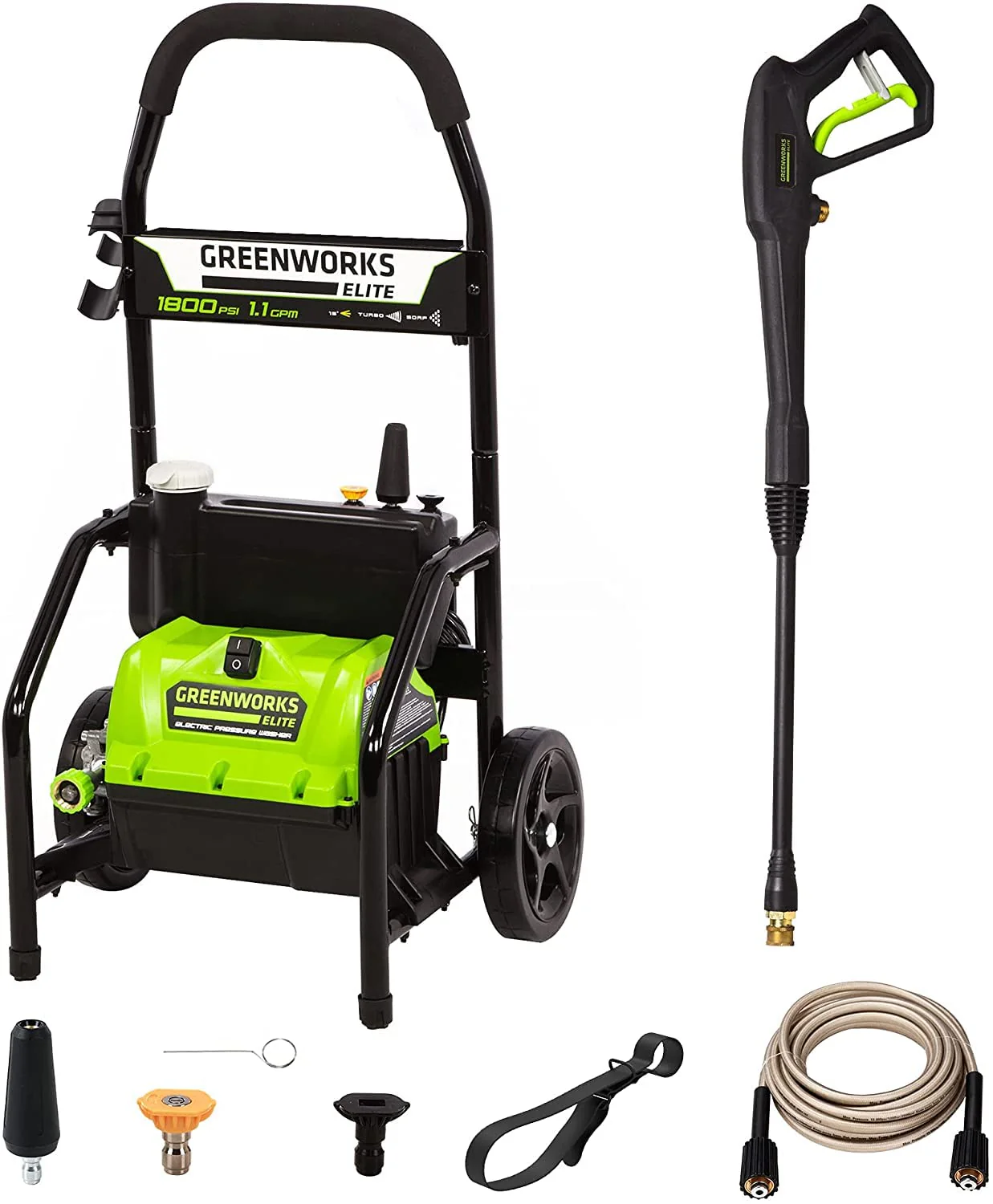 Greenworks 1800 PSI Electric Pressure Washer, 1.1 GPM, 13 Amp Motor, Soap Tank, Quick Connect Nozzles, 35ft Cord
