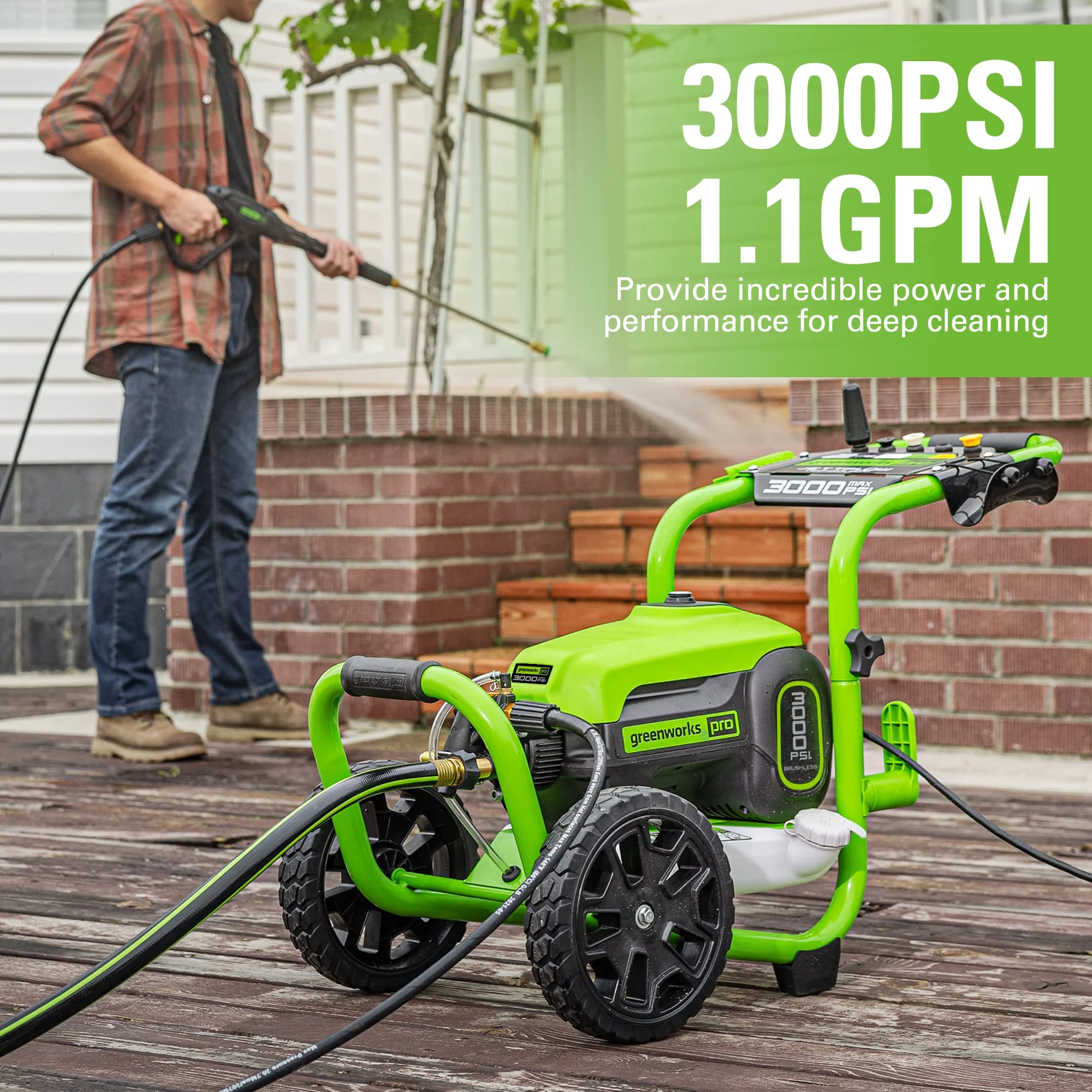Greenworks TruBrushless 3000 PSI Electric Pressure Washer, PWMA Certified, JettFlow Tech, Heavy-Duty Design
