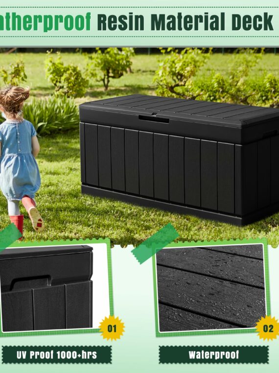 Greesum 82 Gallon Resin Deck Box - Large Weatherproof Outdoor Storage Seat & Table