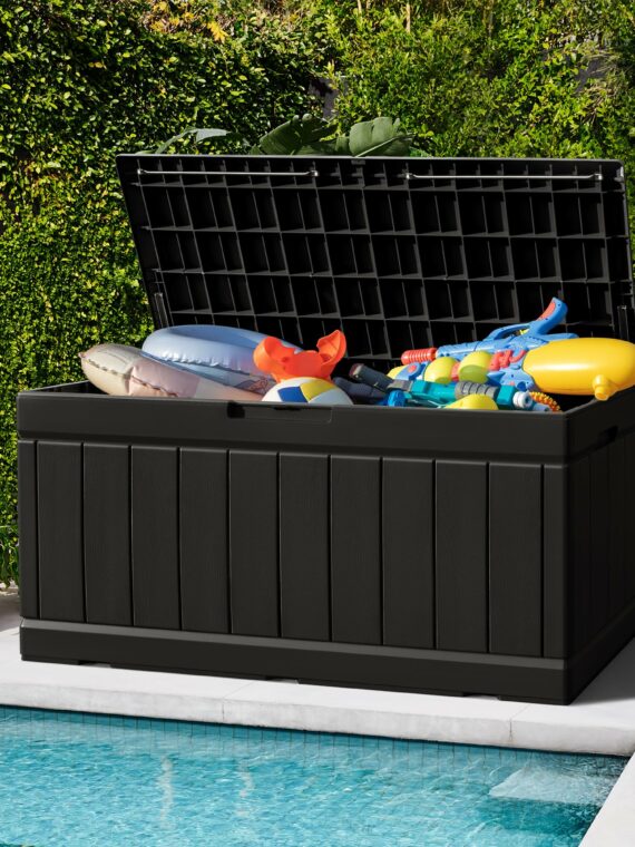Greesum 82 Gallon Resin Deck Box - Large Weatherproof Outdoor Storage Seat & Table