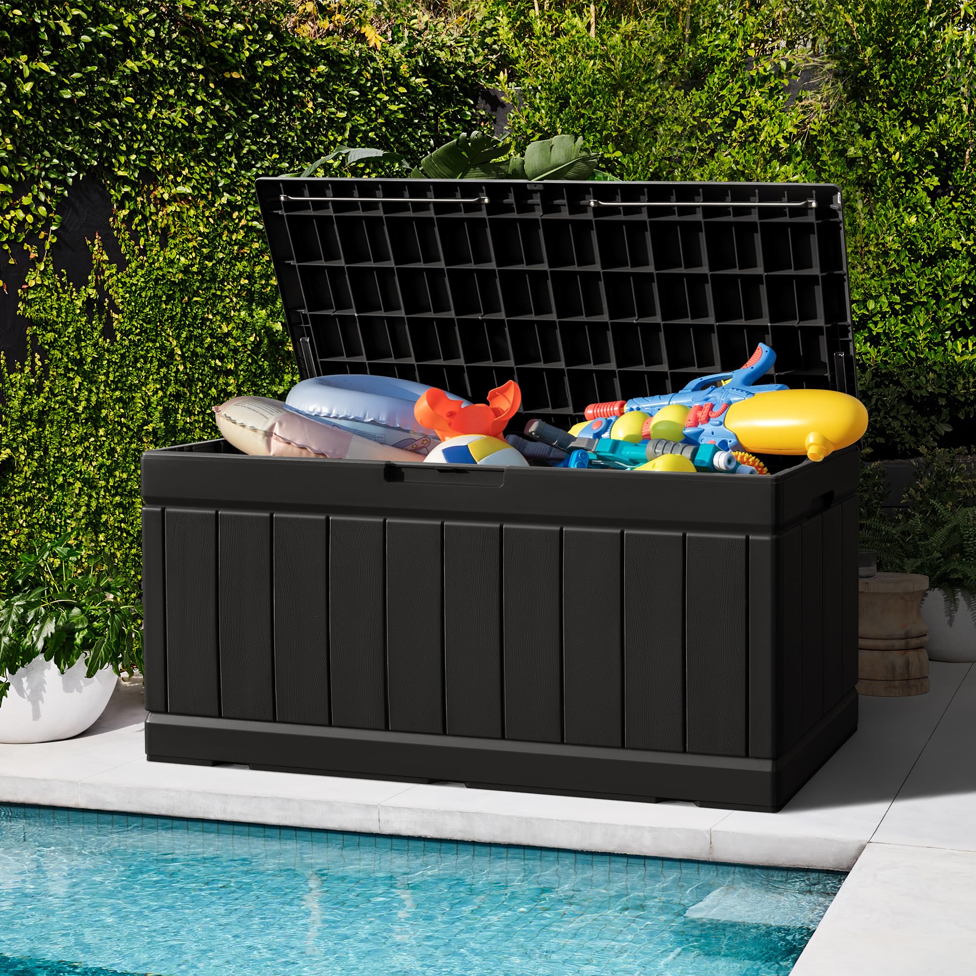 Greesum 82 Gallon Resin Deck Box - Large Weatherproof Outdoor Storage Seat & Table