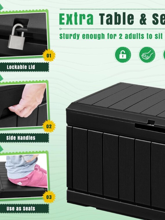 Greesum 82 Gallon Resin Deck Box - Large Weatherproof Outdoor Storage Seat & Table