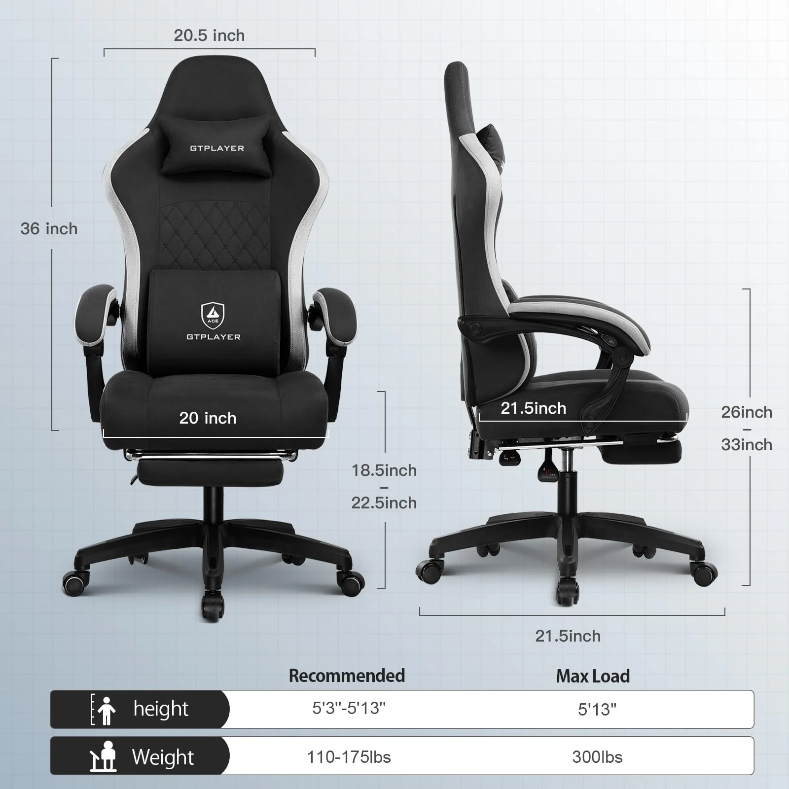 GTPLAYER Ergonomic Gaming Chair with Breathable Fabric, Adjustable Recliner & Armrests for Home Office