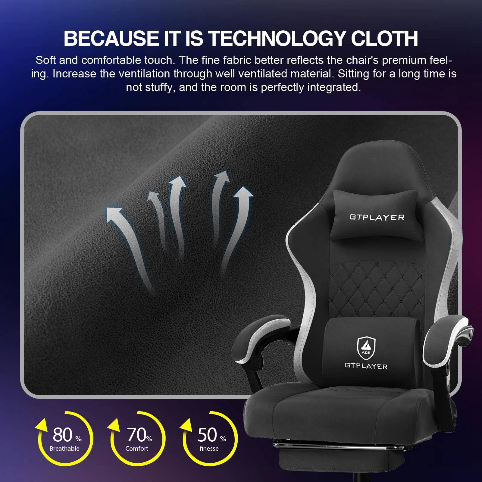 GTPLAYER Ergonomic Gaming Chair with Breathable Fabric, Adjustable Recliner & Armrests for Home Office