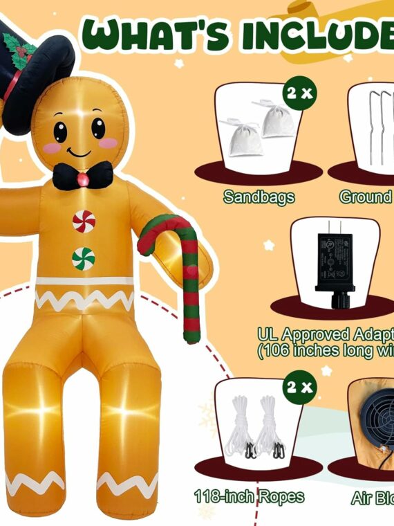 GUDELAK 10FT Gingerbread Christmas Inflatable Decoration with LED Lights, Easy Setup, Durable Outdoor Yard Lawn Decor
