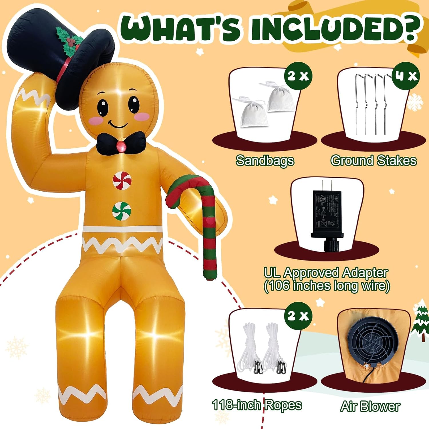 GUDELAK 10FT Gingerbread Christmas Inflatable Decoration with LED Lights, Easy Setup, Durable Outdoor Yard Lawn Decor