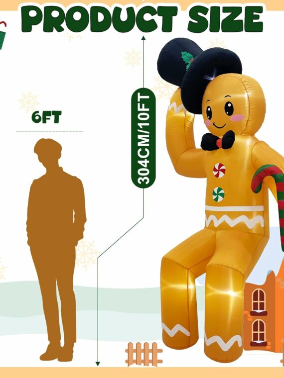 GUDELAK 10FT Gingerbread Christmas Inflatable Decoration with LED Lights, Easy Setup, Durable Outdoor Yard Lawn Decor