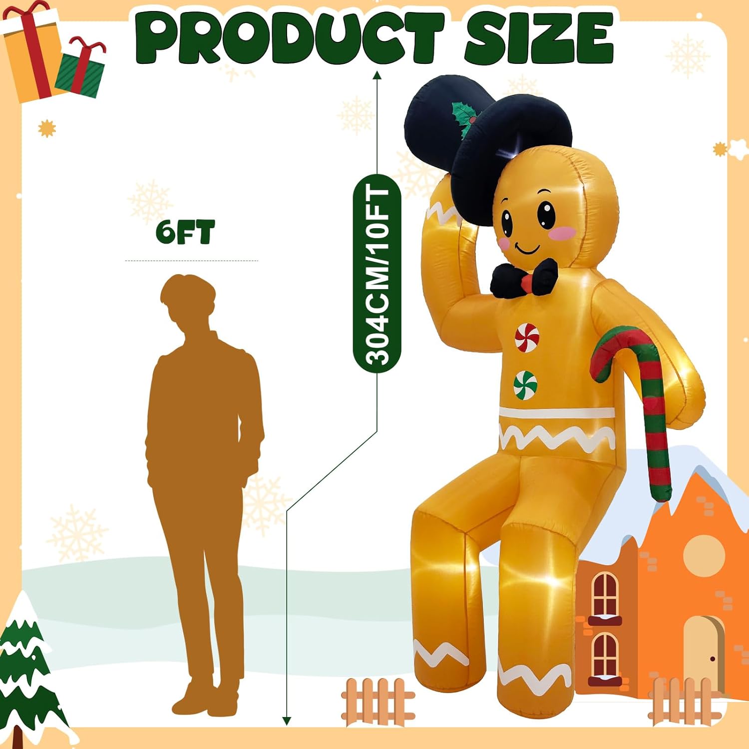 GUDELAK 10FT Gingerbread Christmas Inflatable Decoration with LED Lights, Easy Setup, Durable Outdoor Yard Lawn Decor