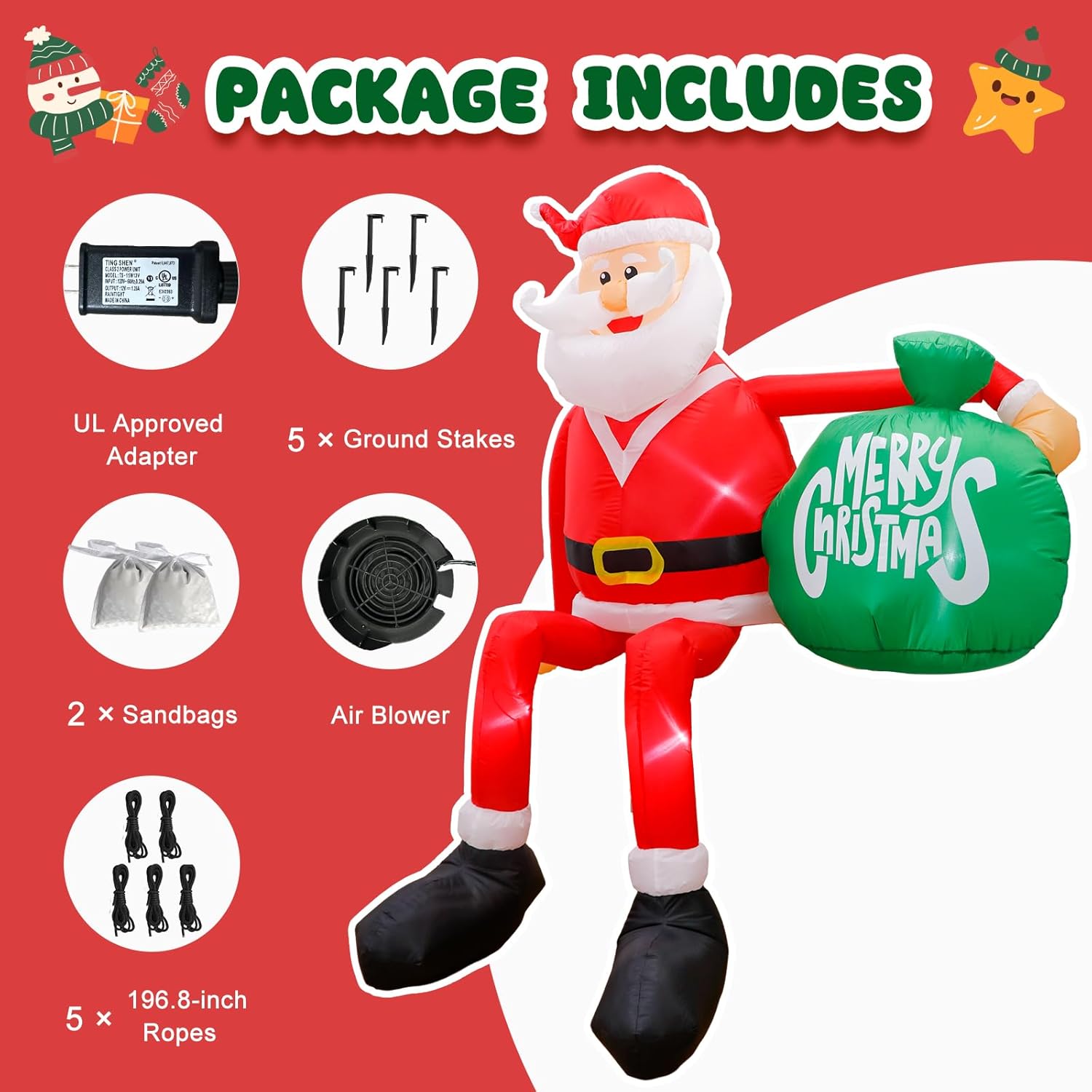 GUDELAK 8FT Christmas Inflatable Santa with LED Lights, Weather-Resistant Yard Decoration