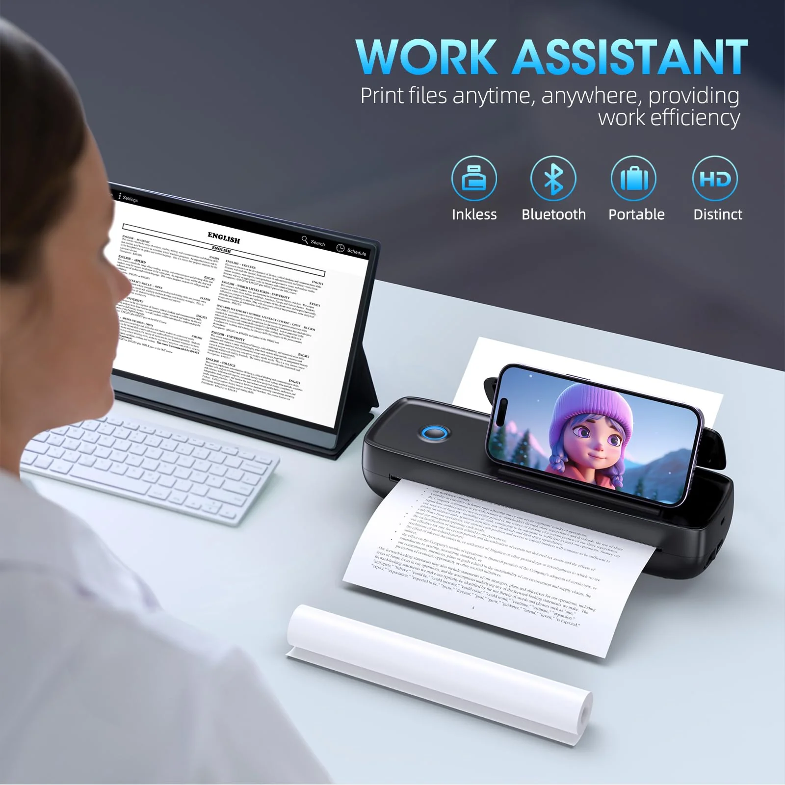 Gutherren Wireless Portable Printer, Bluetooth, Inkless, Supports 8.5"x11" & More, 4200mAh Battery, Compact for Travel