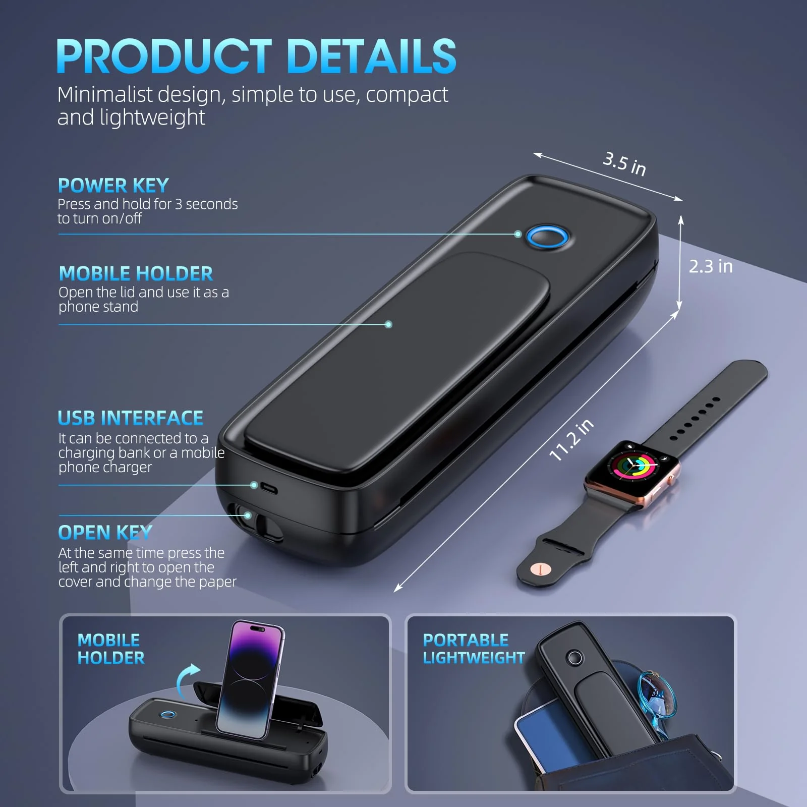 Gutherren Wireless Portable Printer, Bluetooth, Inkless, Supports 8.5"x11" & More, 4200mAh Battery, Compact for Travel