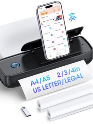 Gutherren Wireless Portable Printer, Bluetooth, Inkless, Supports 8.5″x11″ & More, 4200mAh Battery, Compact for Travel