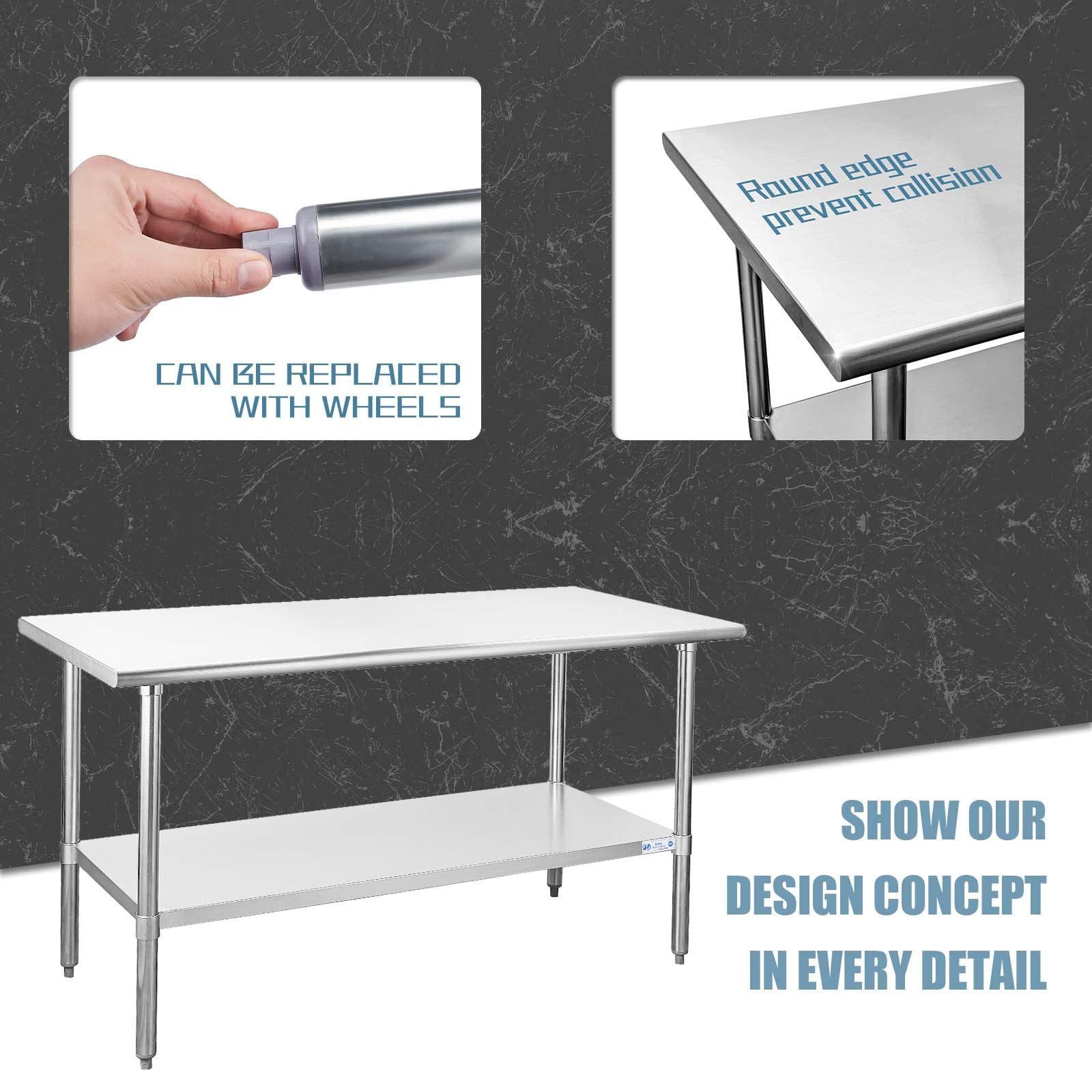 HALLY Stainless Steel Prep & Work Table 24x60 Inch, Adjustable, NSF Certified, Commercial Grade