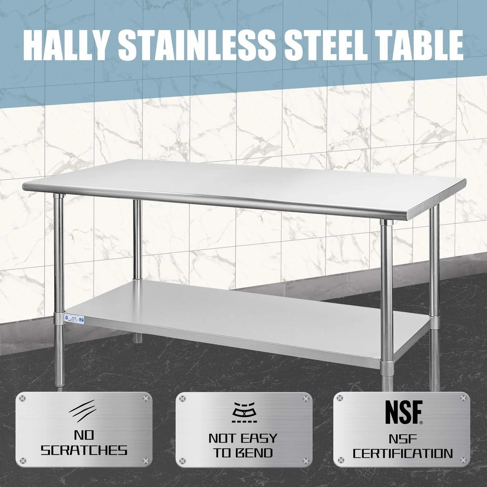 HALLY Stainless Steel Prep & Work Table 24x60 Inch, Adjustable, NSF Certified, Commercial Grade