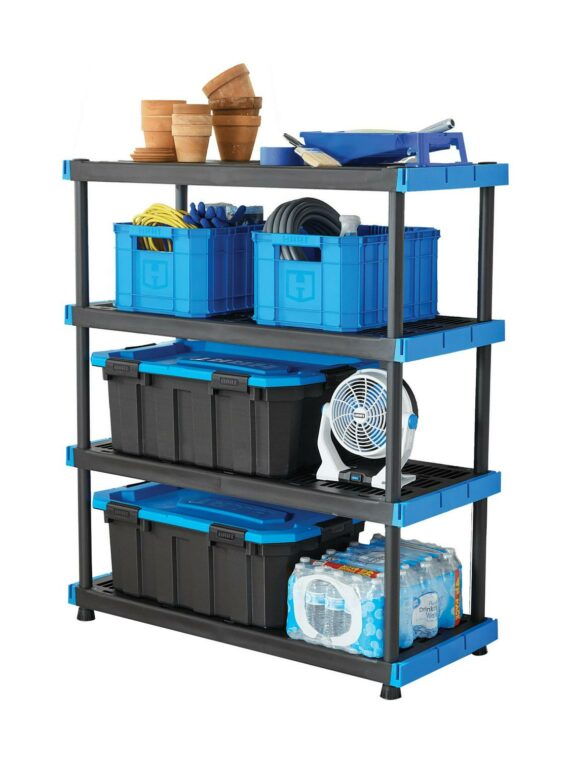 HART 4-Tier Interlocking Plastic Shelf Unit, 20"x48", 800 lbs Capacity, Easy Assembly, Durable Black Resin, Indoor/Outdoor Use