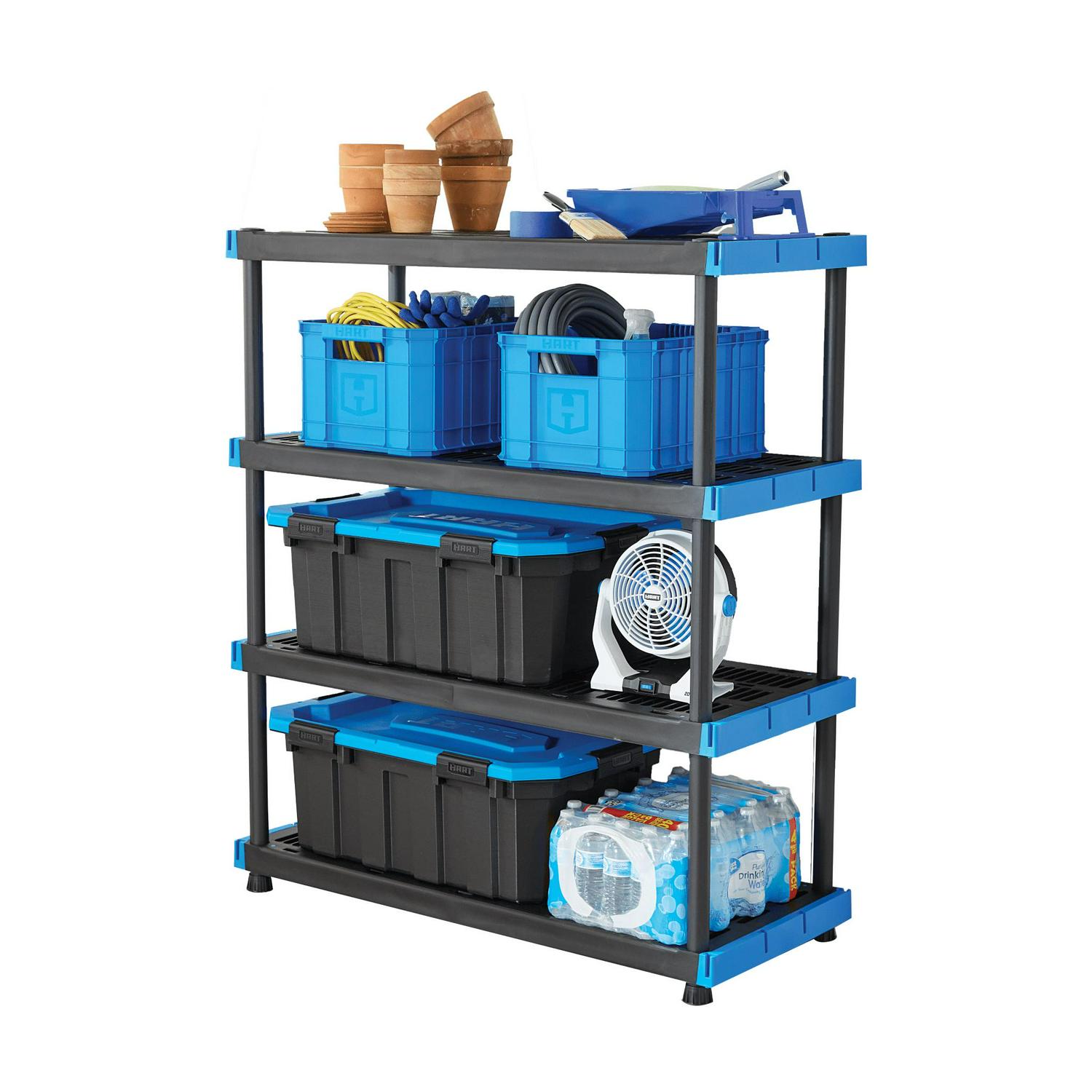 HART 4-Tier Interlocking Plastic Shelf Unit, 20"x48", 800 lbs Capacity, Easy Assembly, Durable Black Resin, Indoor/Outdoor Use