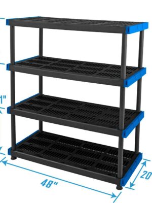 HART 4-Tier Interlocking Plastic Shelf Unit, 20″x48″, 800 lbs Capacity, Easy Assembly, Durable Black Resin, Indoor/Outdoor Use