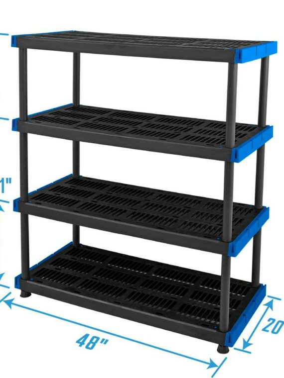 HART 4-Tier Interlocking Plastic Shelf Unit, 20"x48", 800 lbs Capacity, Easy Assembly, Durable Black Resin, Indoor/Outdoor Use