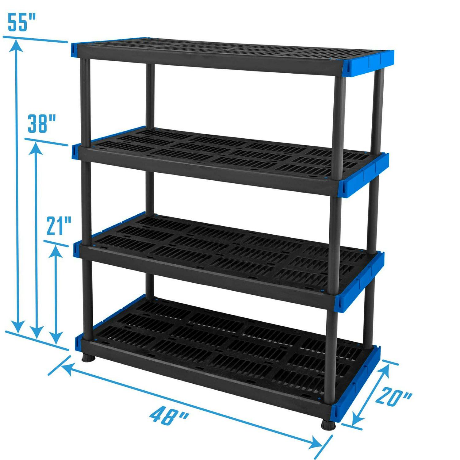 HART 4-Tier Interlocking Plastic Shelf Unit, 20"x48", 800 lbs Capacity, Easy Assembly, Durable Black Resin, Indoor/Outdoor Use