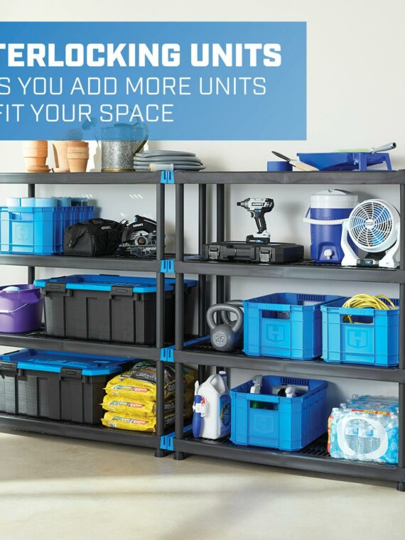 HART 4-Tier Interlocking Plastic Shelf Unit, 20"x48", 800 lbs Capacity, Easy Assembly, Durable Black Resin, Indoor/Outdoor Use