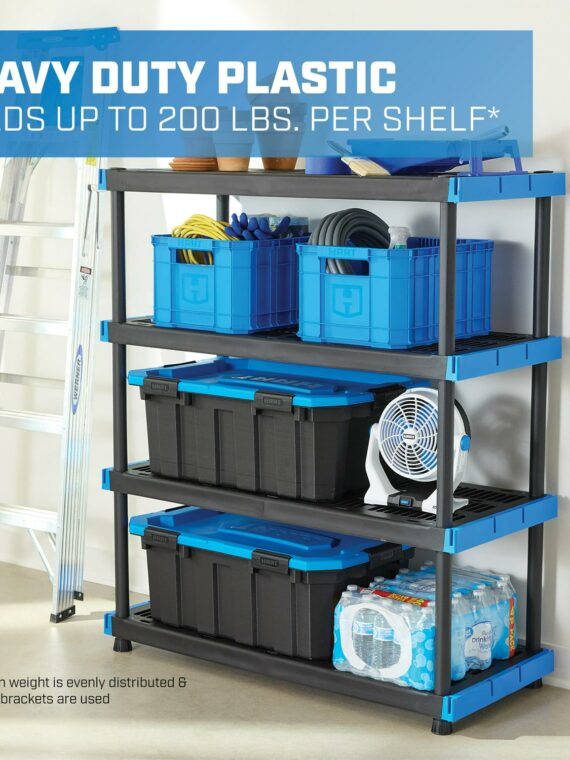 HART 4-Tier Interlocking Plastic Shelf Unit, 20"x48", 800 lbs Capacity, Easy Assembly, Durable Black Resin, Indoor/Outdoor Use