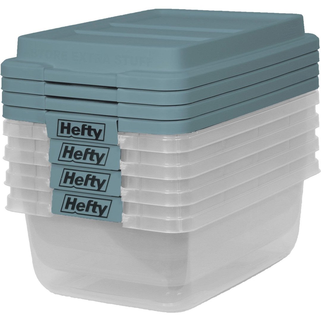 Hefty 18 Quart Hi-Rise Storage Bin 4 Pack, Secure Latches, Clear Base, Smoke Blue Lid, Ideal for Stacking