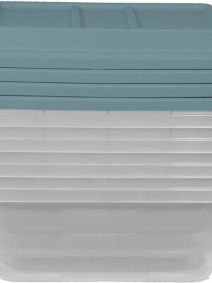 Hefty 18 Quart Hi-Rise Storage Bin 4 Pack, Smoke Blue Lid, Secure Stackable Organizer