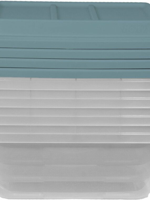 Hefty 18 Quart Hi-Rise Storage Bin 4 Pack, Smoke Blue Lid, Secure Stackable Organizer